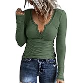KINLONSAIR Women Casual Long Sleeve Tunic V-Neck Slim Fit T Shirts Basic Tee Tops Crew Neck Ribbed Knit Solid Shirt