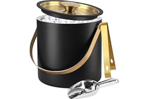 Bakpoco 3L Ice Bucket with Silicone Lid, Scoop, Gold Tongs & Strainer, Stainless Steel Double Wall Insulated Ice Buckets for Parties & Cocktail Bar, Outdoor Champagne Ice Container Bin, Black
