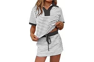 Skort Sets for Women Striped 2 Piece Polo Shirts and Drawstring Skirts Matching Lounge Sets Workout Casual Summer Skirt Set