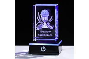 Movdyka 3D Crystal First Communion Gifts for Girls Boys Decorations Laser Engraved 3D Holy Grail Figurine Catholic Baptism Gifts with Colorful LED Base