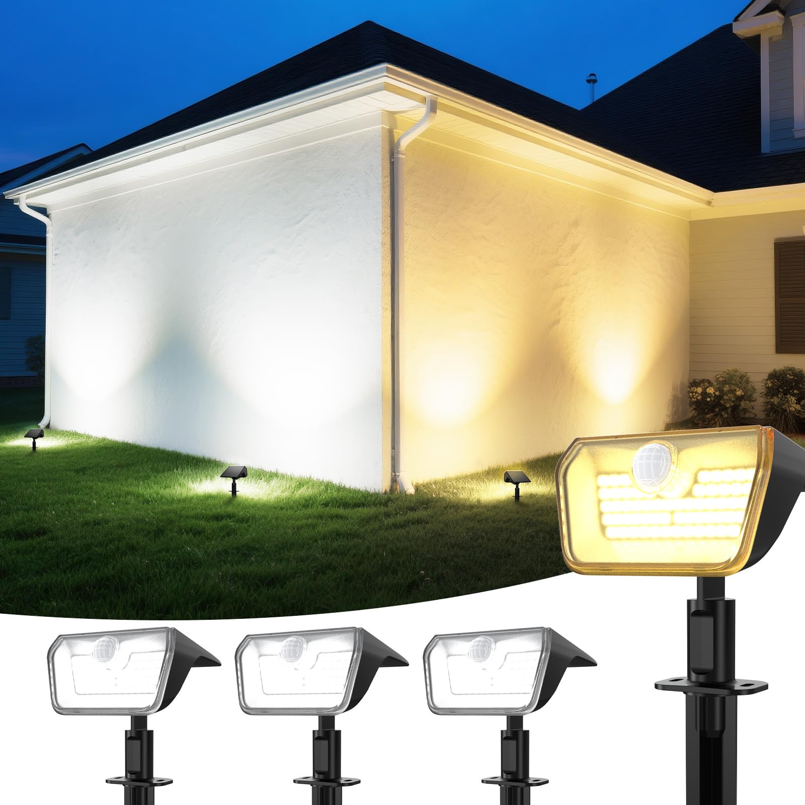 Linkind Solar Motion Sensor Light, Dual Colour 800lm, IP67 Waterproof Solar Spotlight Warm/Cool White Switchable, 8m/120°PIR Detection, Wall & Ground Mount, Ideal for Garden, Pathway, 3 Pack