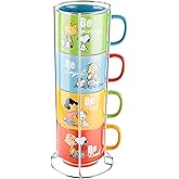 Peanuts Snoopy Gentle Reminders 15oz Stackable Mugs w/Metal Rack, Stoneware, 4-Pack, Assorted Colors