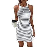 Verdusa Women's Summer Dress Rib Knit Striped Print Halter Neck Bodycon Mini Dress
