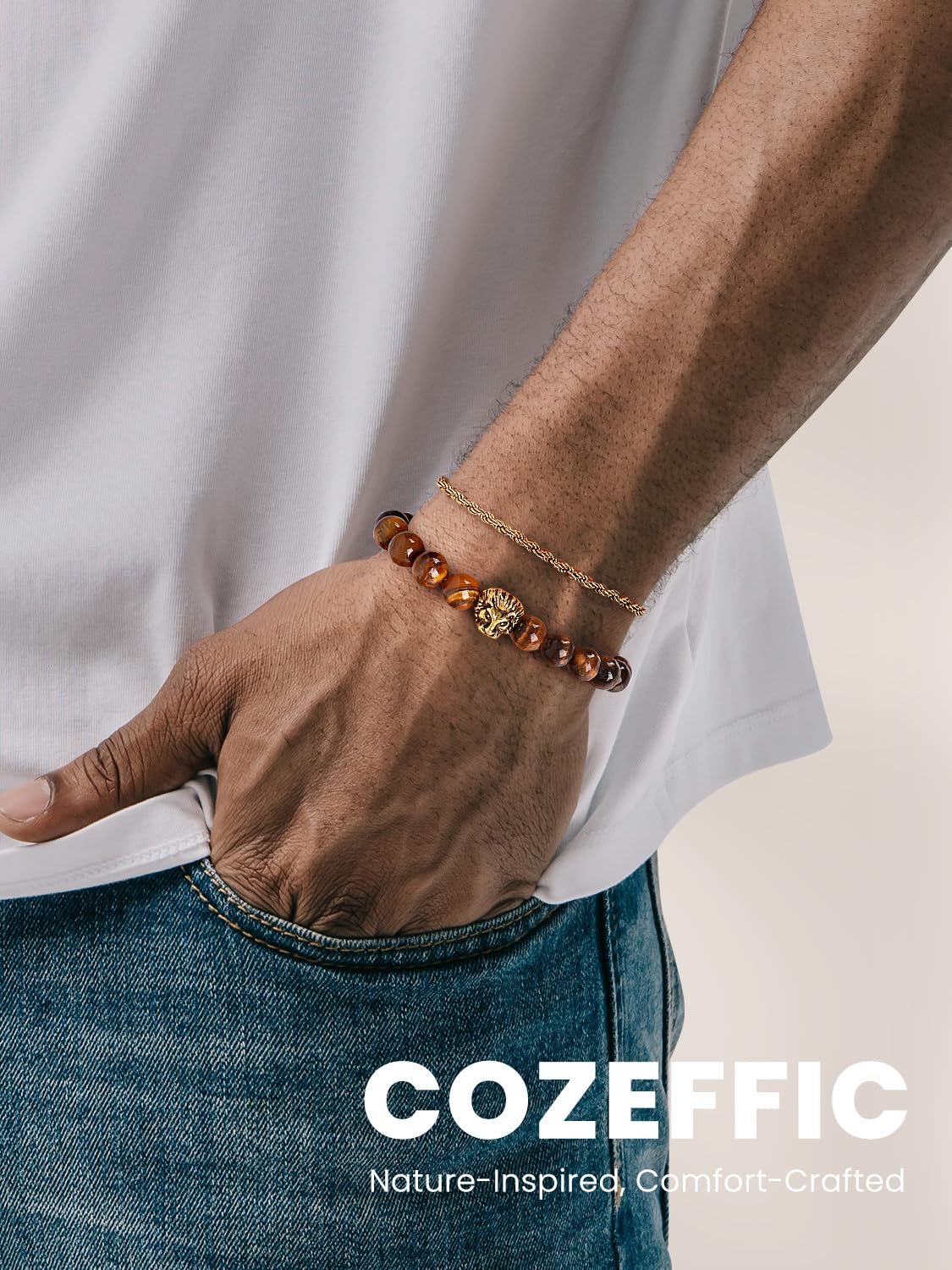 COZEFFIC Mens Beaded Bracelets Tiger Eye 8mm Natural Stone Beads Adjustable Bracelet Set, Stainless Steel Chain Link Bracelet Jewelry for Men Birthday Anniversaries Gifts Boyfriend Husband Him