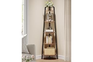 CHOEZON Corner Shelf, 5-Tier Ladder Corner Shelf, Ladder Bookshelf, 59.6" Tall Vertical Display Stand, Metal Frame Bookshelf, for Living Room, Bedroom, Kitchen, Rustic Brown and Black TCJ20BF