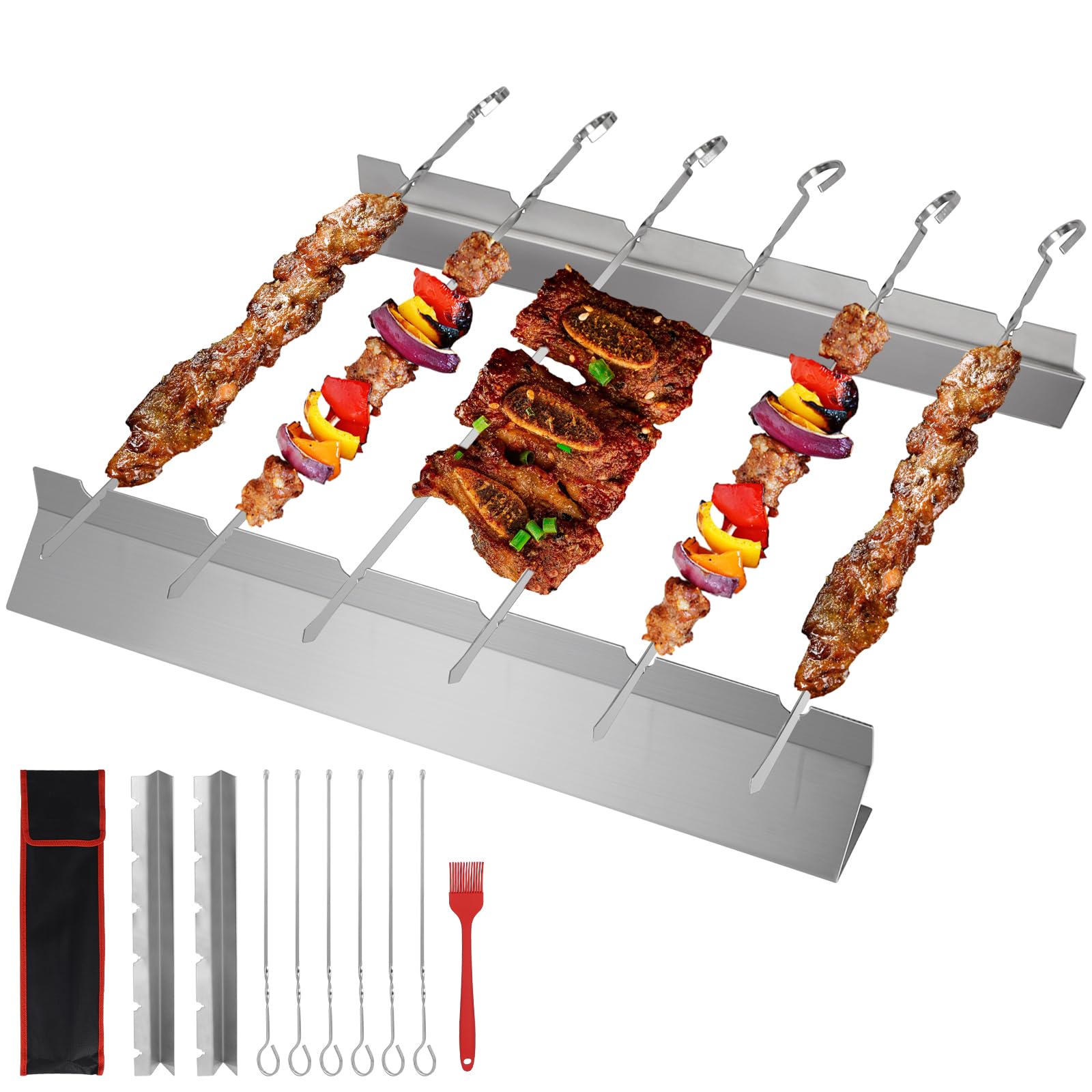 LALAGO Pack of 6 39.5 cm Stainless Steel Barbecue Skewers with 2 Holders, BBQ Holder, Barbecue Skewer Holder, Meat Skewer Holder, Skewer Rack with Brush and Bag for Charcoal and Electric Grills