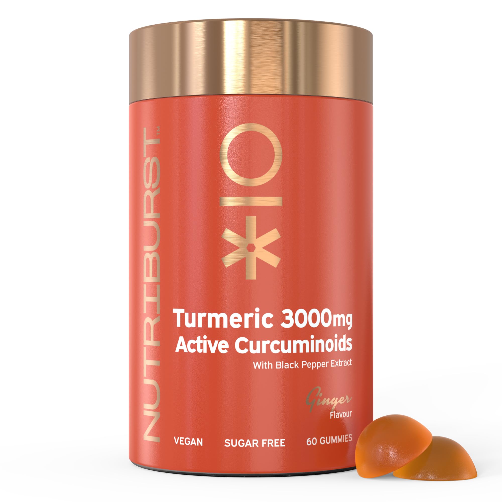 Nutriburst Turmeric Curcumin with Black Pepper Extract - Powerful Antioxidants & Anti-inflammatory, Supports Joint & Muscle Health - Vegan, Sugar Free - 60 Ginger Gummies - 1 Month Supply
