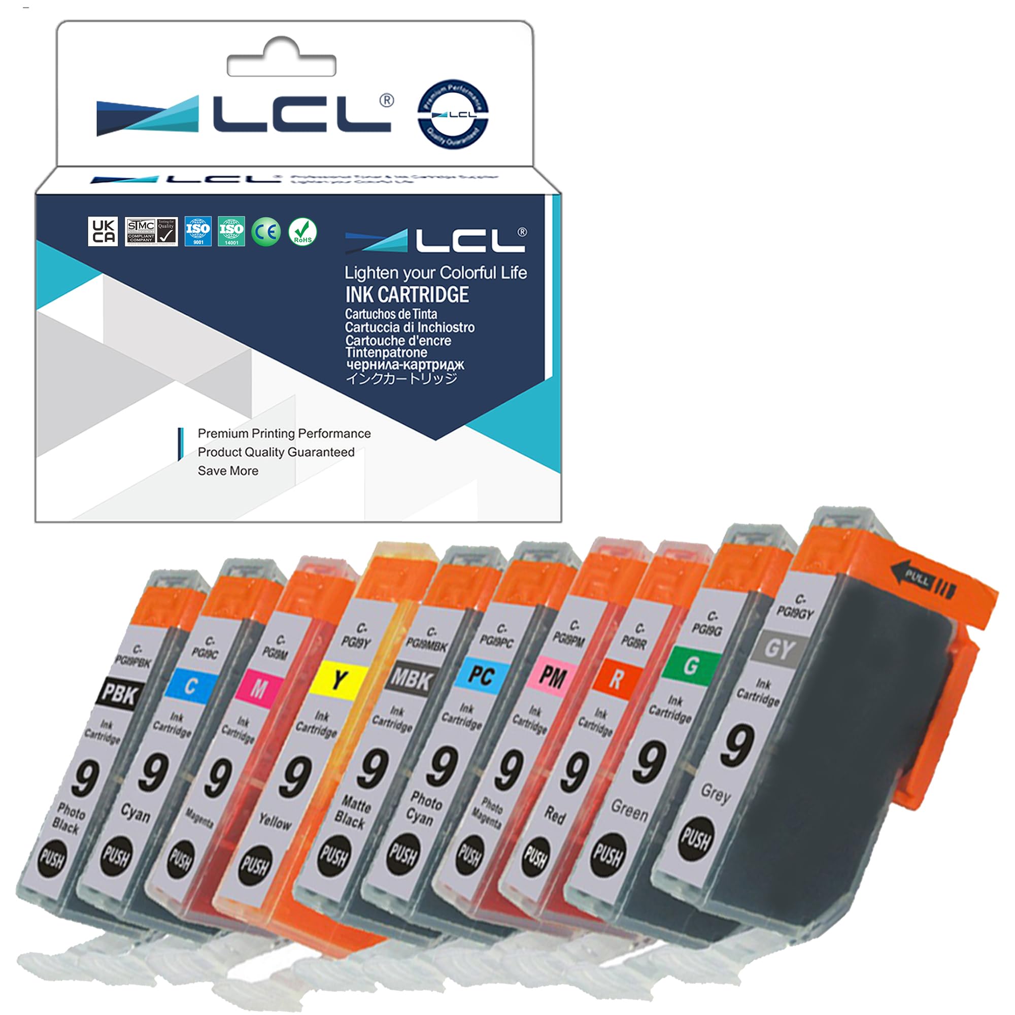 LCL PGI9 PGI9E PGI-9 (10-PACK PBK MBK C M Y PC PM G R GY) Ink Cartridge Compatible for Canon Pixma: Pro 9500 Pro9500 Mark II