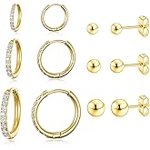 Gemsme 316L Surgical Stainless Steel Hoop Earrings,18K Gold Plated Huggie Hoop Cartilage Earrings Cubic Zirconia Hypoallergenic Set for Women Men
