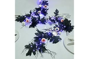 HamiFinee Halloween Garland with Lights 6FT Black Garland with Pumpkins Eyeballs Berries Maple Leaves Dead Branches Halloween Lights with Timer for Fall Decorations Indoor Front Door Home