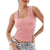 Women's Square Neck Wide Strap Crop Tank Tops Slim Fit Sleeveless Going Out Top Flower Lettuce Trim Cami Tops