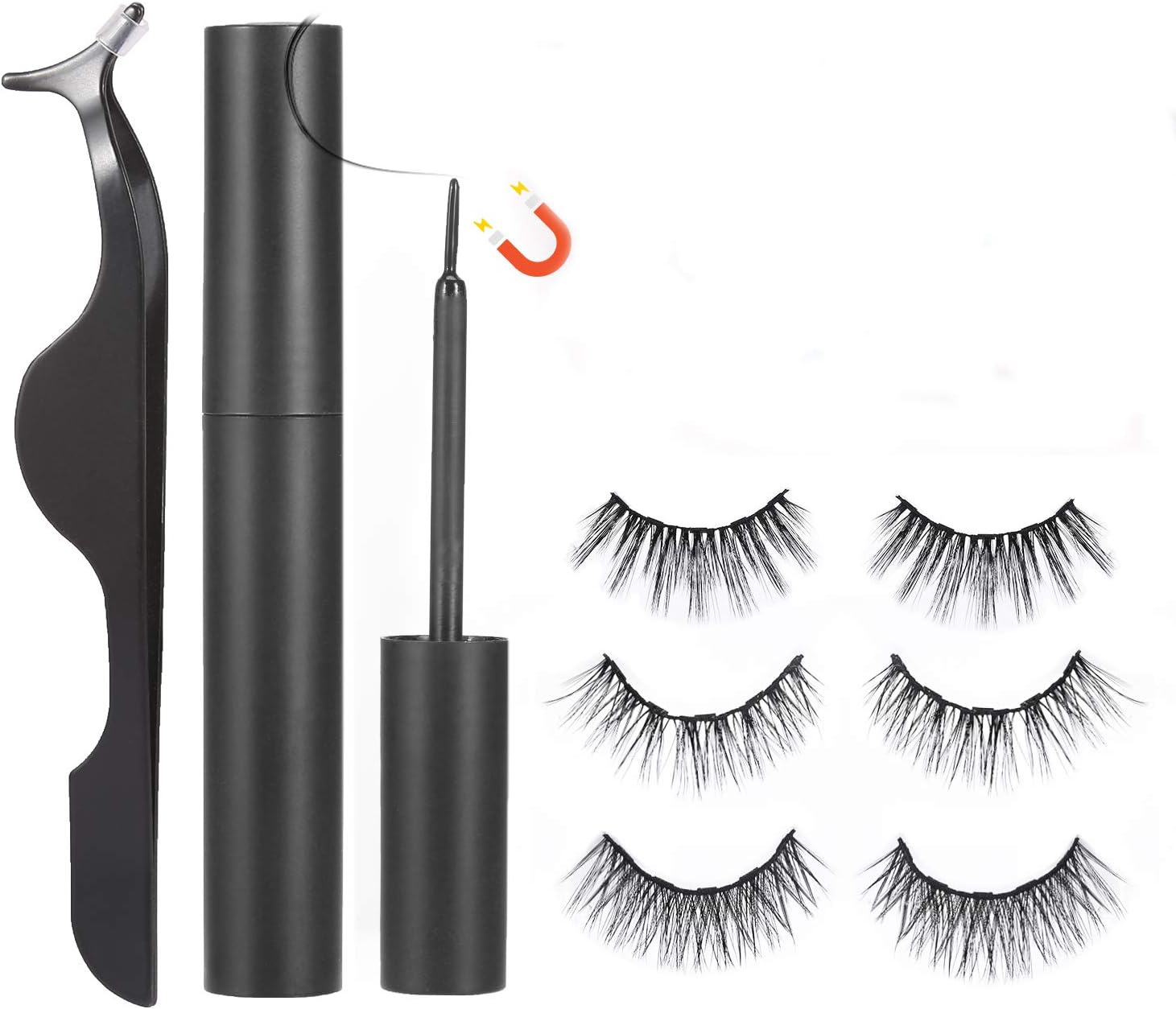 Magnetic Eyeliner and Magnetic Eyelash Kit, No Glue Reusable False Eyeashes Natural,3 Pairs False Lashes with Waterproof Magnet Eyeliner for Small Eyes, Black Tweezers