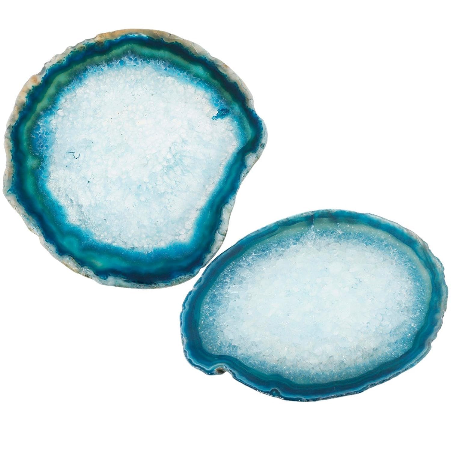 Shanxing Blue Agate Slice Geode Stone Coasters for Drinks and Stone Collection, Crystal Quartz Cup Mats Coasters 3.1"-3.9" Sets of 2, Weight 80-120g/pc