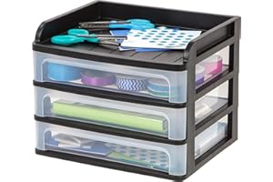 IRIS USA Plastic Desk Top 3-Drawer Storage Organizer with Paper Tray Top, 1-Pack, for Makeup Vanity Nail Polish Bathroom Stationery Art Craft Supplies Kitchen Office Garage Organization, Medium, Black