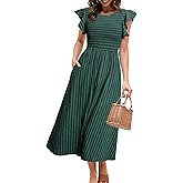 Simplee Womens Striped Midi Summer Dress Smocked Flutter Short Sleeve Dress 2025 Flowy Casual Dress with Pockets