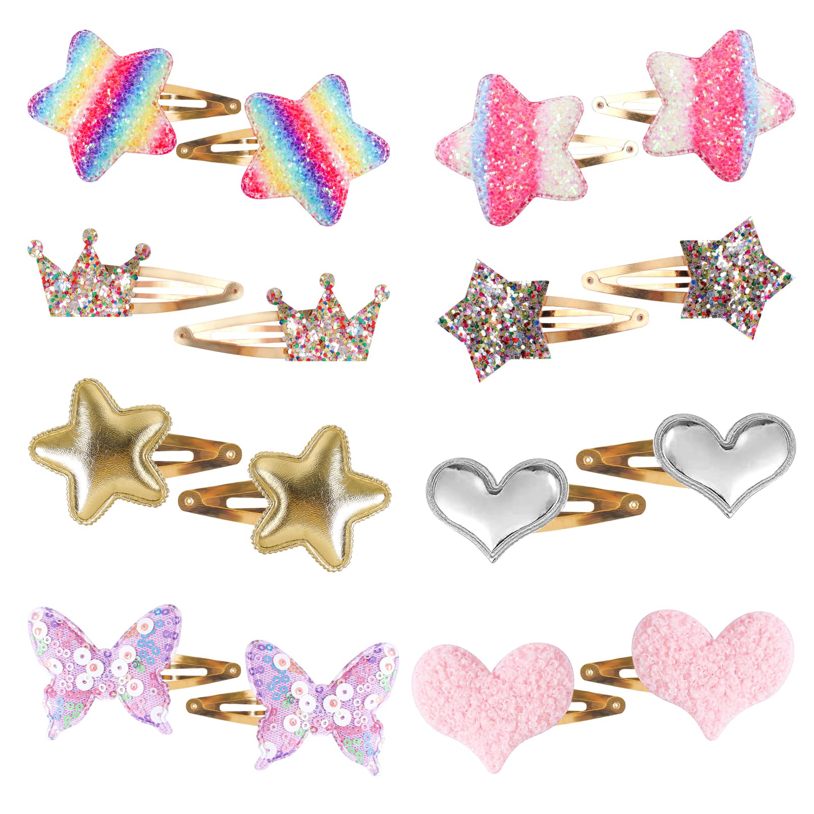 Photo 1 of 16 Pcs Glitter Hair Clip for Girls - Star/Crown/Heart/Butterfly Shaped Kids Barrettes, Cute Metal Snap Pins, Sparkly Styling Accessories for Girls Birthday