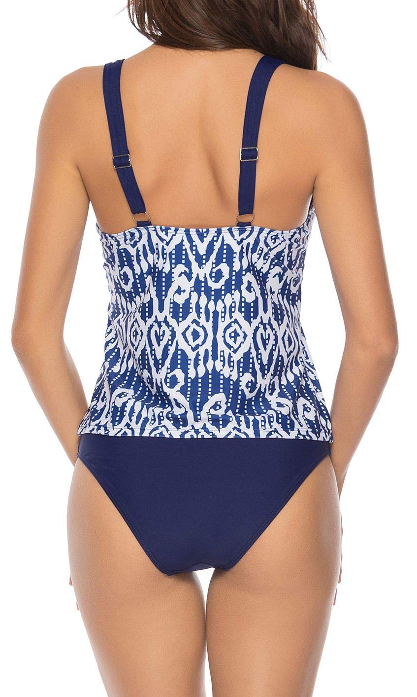 Yong Dong Sexy V Neck Swimsuits for Women Tribal Print Push Up Tankini Bathing Suits with Brief Blue M