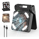 Smiling Shark Camping Fan with LED Lantern, USB Rechargeable Solar Camp Fan with 4 Speeds Powerful Wind & 3 Timer 90° Foldable Cordless Portable Tent Fan for Camping Fishing Hiking