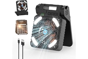 Smiling Shark Camping Fan with LED Lantern, 6000 mAh Rechargeable Solar Camp Fan with 4 Speeds Powerful Wind & 3 Timer 90° Foldable Cordless Portable Tent Fan for Camping Fishing Hiking