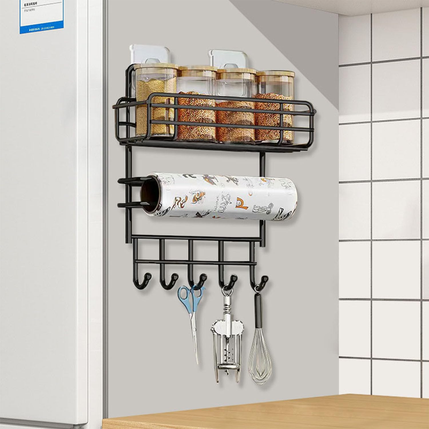 Photo 1 of TocTen Spice Rack for Refrigerator, Space-Saving Fridge Spice Organizer with Paper Towel Holder and 5 Hanging Hooks, Adhesive Spice Rack Shelf, Metal Spice Storage Shelf for Kitchen(Black, 3 Tier)