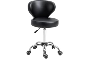 HOMCOM Adjustable Swivel Salon Stool with Backrest and Wheels, Office & Living Room Chair, Synthetic Leather, Black, 17.7" L 