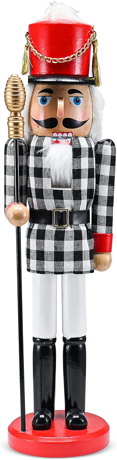 Nutcrackers - Ornativity Christmas Checkered Soldier Nutcracker – Black and White Wooden Nutcracker Toy Soldier Knight with a Staff in Hand Xmas Themed Holiday Nut Cracker Doll Figure Decorations