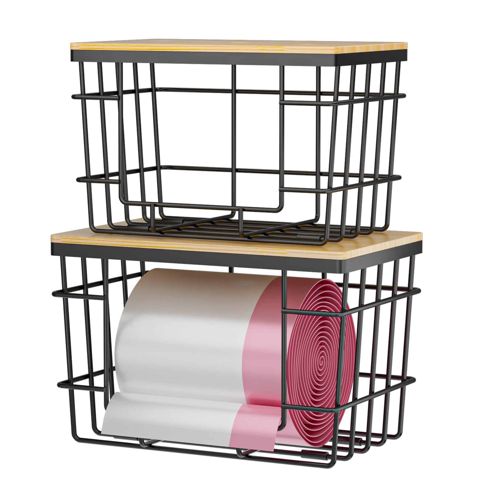 Photo 1 of 2 Pack Trash Bag Holder, Extra Large Garbage Bag Dispenser with Bamboo Top, Wall Mounted Stackable Trashbag Storage for Kitchen Laundry Room Under Sink Organization