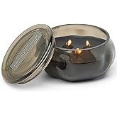 Paddywax Basalt Collection Scented Candle, Soy Wax Blend Glass Jar with Lid, Reusable Home Décor Candle, 10 oz, Black Vessel, Palo Santo Suede