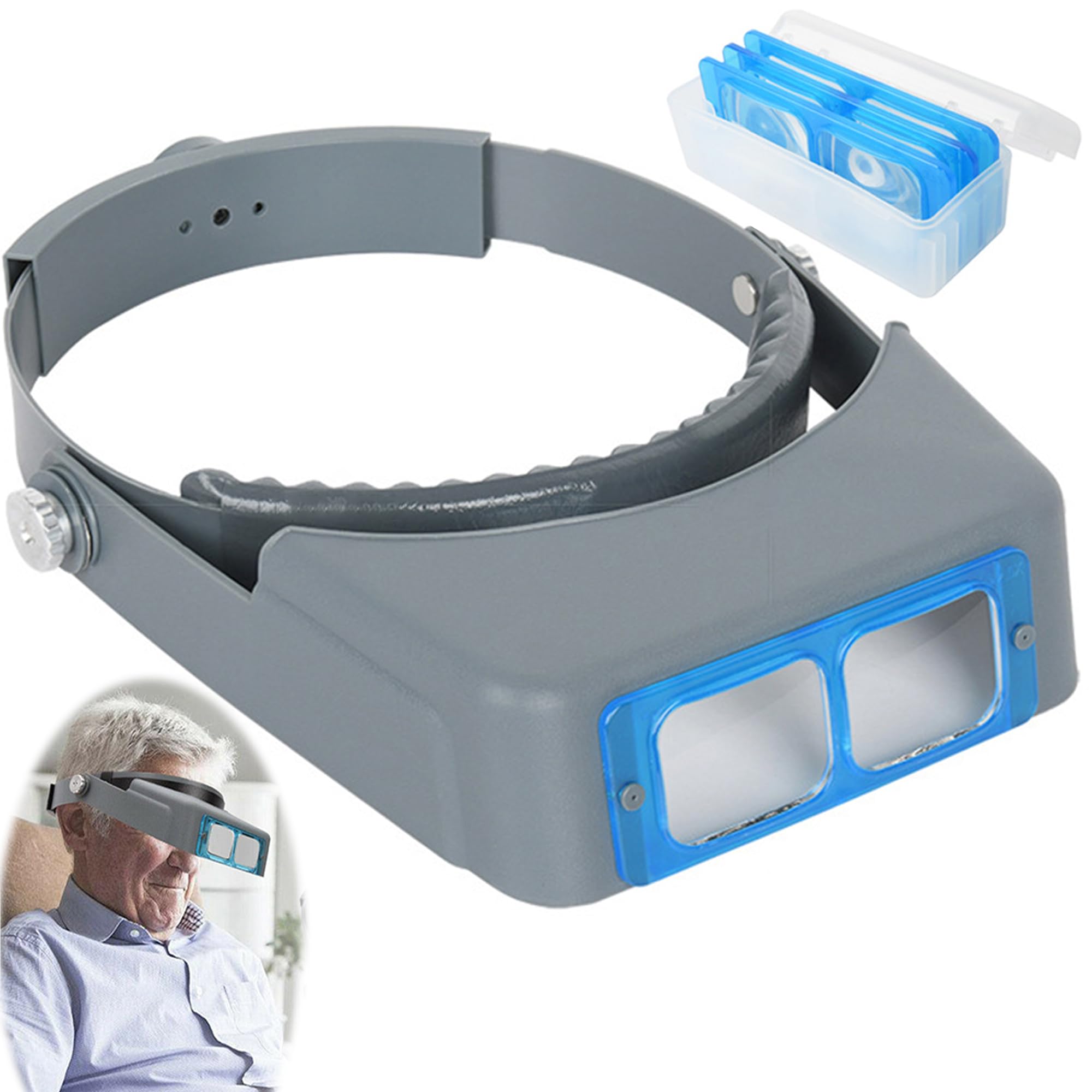 SQAQS Headband Magnifier Glasses, Handsfree Head Mount Magnifying Glass with 4 Detachable, Grey Magnifying Glass, 1.5X, 2X, 2.5X,3.5X Head Magnifier, Lens for Close Work Reading Jewelry Crafts Repair