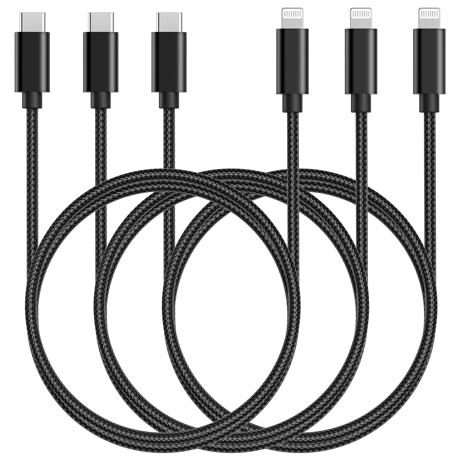 USB C to Lightning Cable, Elktry 3Pack 6Ft MFi Certified Nylon Braid iPhone Charger Cable, Fast Type C to Charging Cord Data Lead Compatible with iPhone 12 11 Pro MAX Mini XS XR X 8 7 Plus iPad(Black)