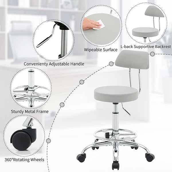 FIRAVOE DRAFTING STOOL (HEIGHT ADJUSTABLE OFFICE CHAIR WITH FOOTREST 19.5″-26.6″)(DRUM STOOL WITH BACK) SPACE SAVING TATTOO CHAIR (GRAY)