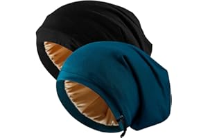 NICPOO 2 Pcs Adjustable Silk Satin Night Cap, Women's Men's Sleep Cap, Silk Lined Slouchy with Adjustable Strap, Curly Hair Head Scarf, Night Caps, Black+blue2