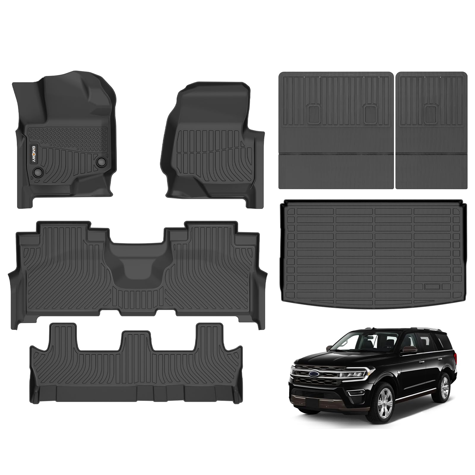 GINOWY-Floor Mats & Cargo Liner for Ford Expedition MAX 2021-2024 Bench Seat 8 Passenger TPE Rubber All Weather Car Floor Mats Expedition Accessories Floor Liners Black Image