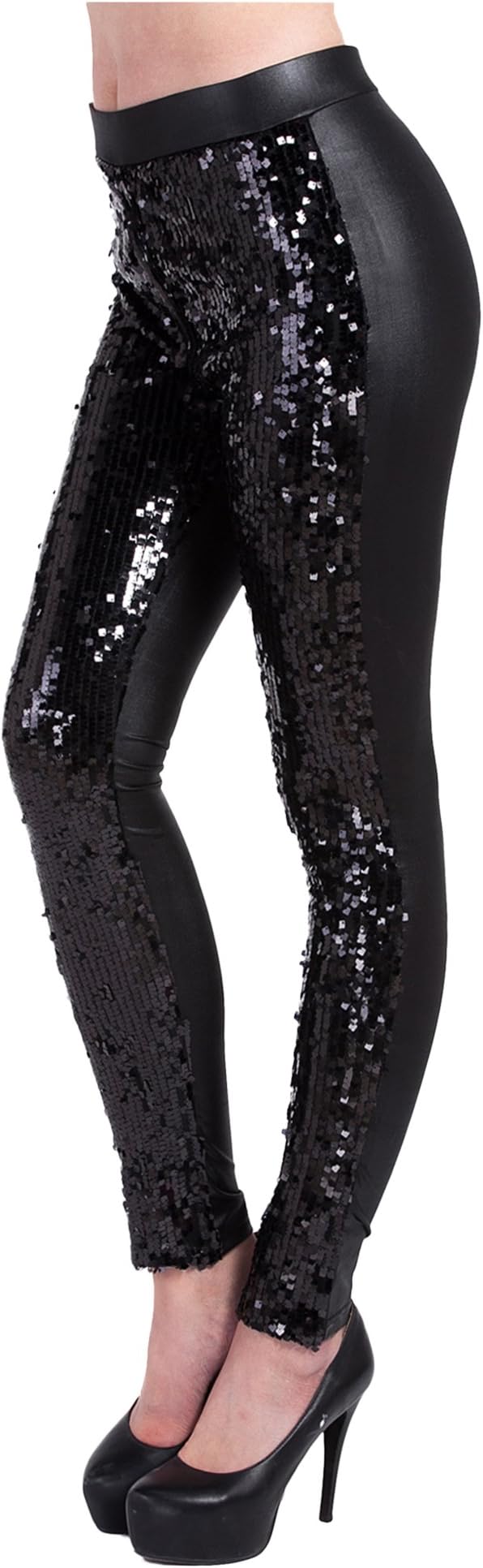 Lotus Instyle Front Shinny Sequins Faux Leather Clubwear Party Leggings for Women
