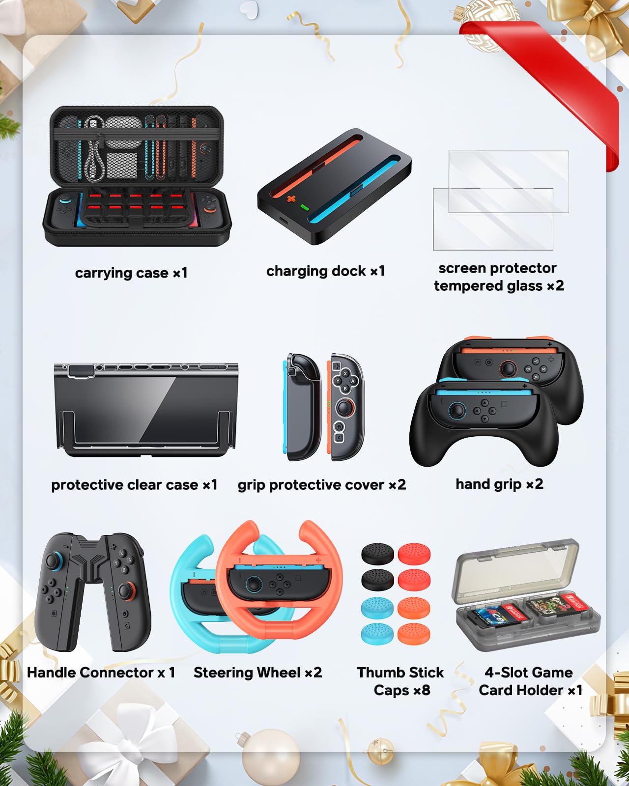 Switch 2 Zubehör, Unverzichtbares Zubehörpaket, 20-IN-1-Spieleset Bundle,Reisetasche,Switch 2 Controller Ladestation,Displayschutzfolie,Schutzhülle,Lenkräder,Griffe für Joy Con 2 (Schwarz) 2
