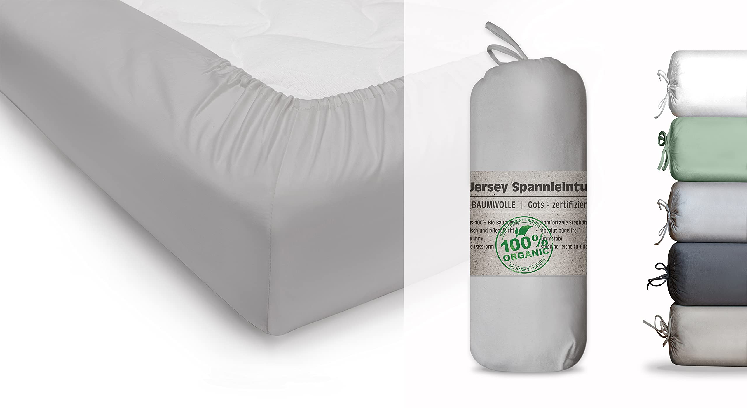 BLUE MOON Organic cotton jersey fitted sheet GOTS-certified Ökotex Made in Green (stone, 140-160x200cm)