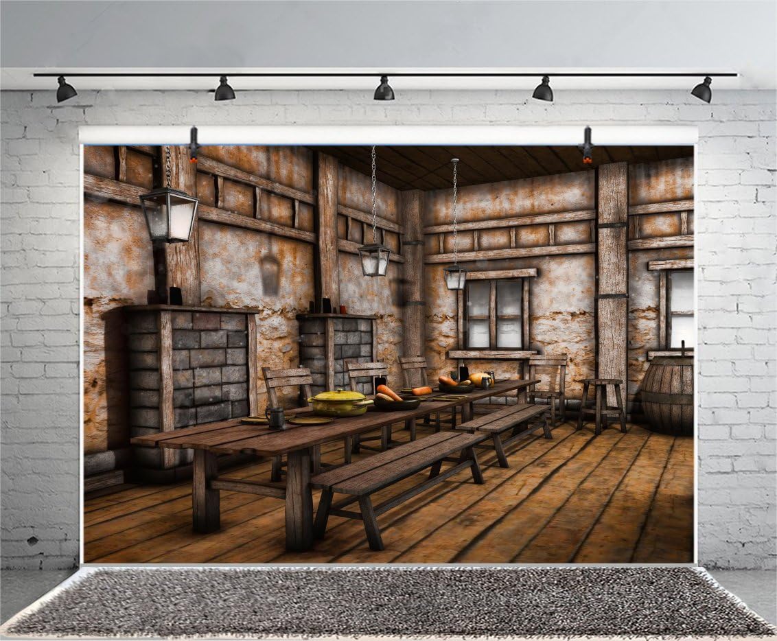Leyiyi 5x3ft Photography Background Vintage Cottage Backdrop Warship Wooden Furniture Military Camp Dinning Hall Canteen Fireplace Cook Food Western Town Cowboy Photo Portrait Vinyl Studio Video Prop