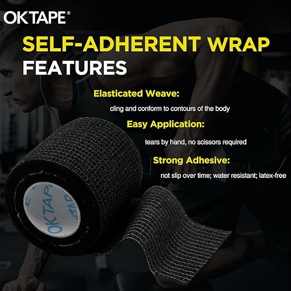 OK TAPE 12 ROLLS SELF ADHESIVE BANDAGE WRAP, ELASTIC ATHLETIC TAPE, SELF STICK BANDAGE TAPE, VET WRAP, MEDICAL WRAP FOR WRIST, FEET, 2″ X 5 YARDS – BLACK