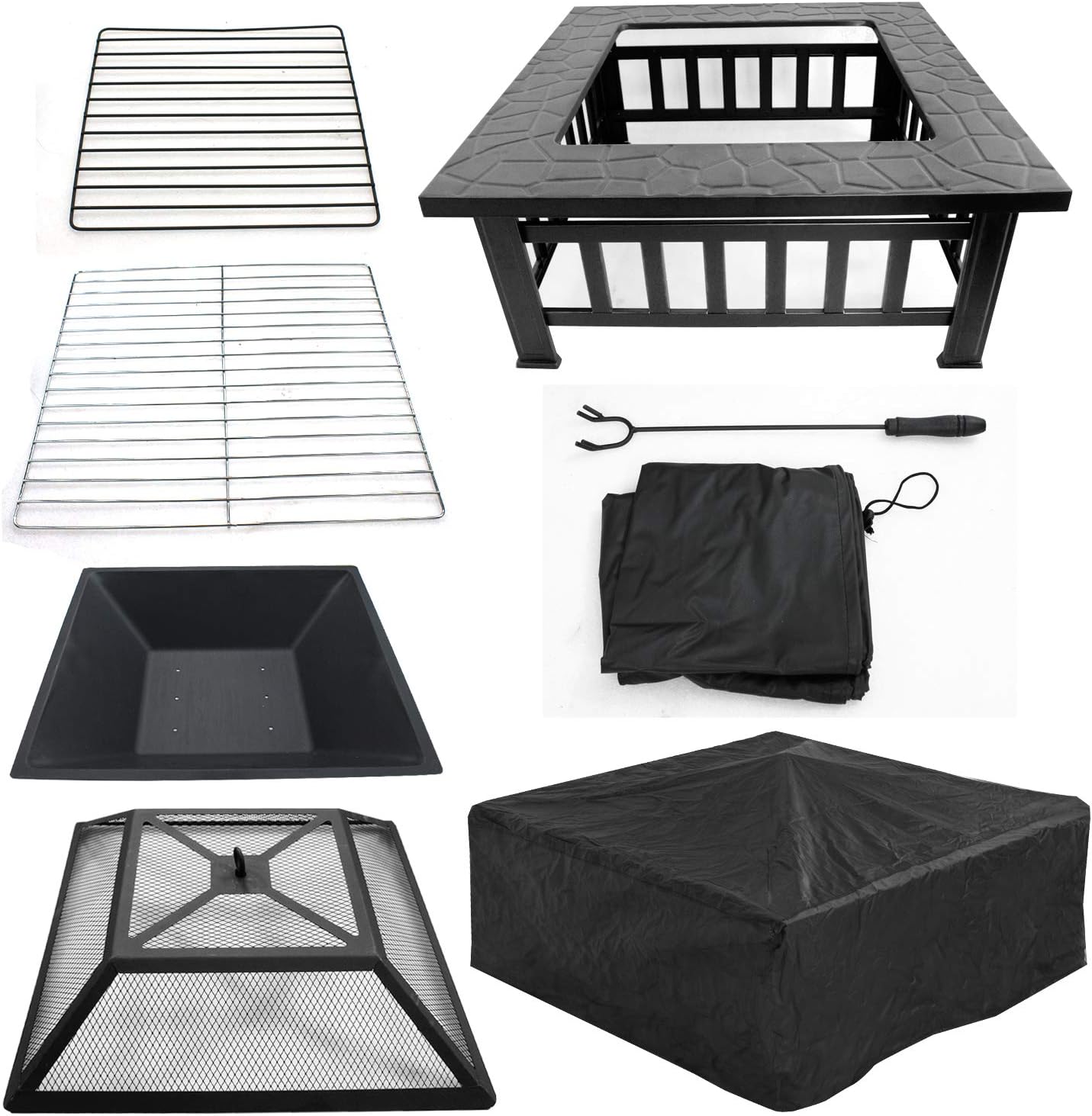 ZENY Outdoor 32’’ Metal Fire Pits BBQ Square Table Backyard Patio Garden Stove Wood Burning Fireplace with Spark Screen Cover, Poker, Cover, Grill : Garden & Outdoor