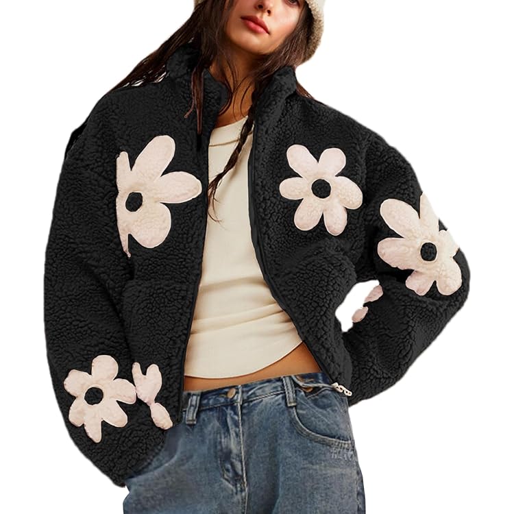 chouyatou Women's Fuzzy Fleece Cute Floral Jacket Zip Up Winter