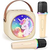 Mini Karaoke Machine with 2 Wireless Microphones,Gift for 3-12 Years Old, 2026 Best Christmas Birthday Toy for Girls Boys Party (Beige)