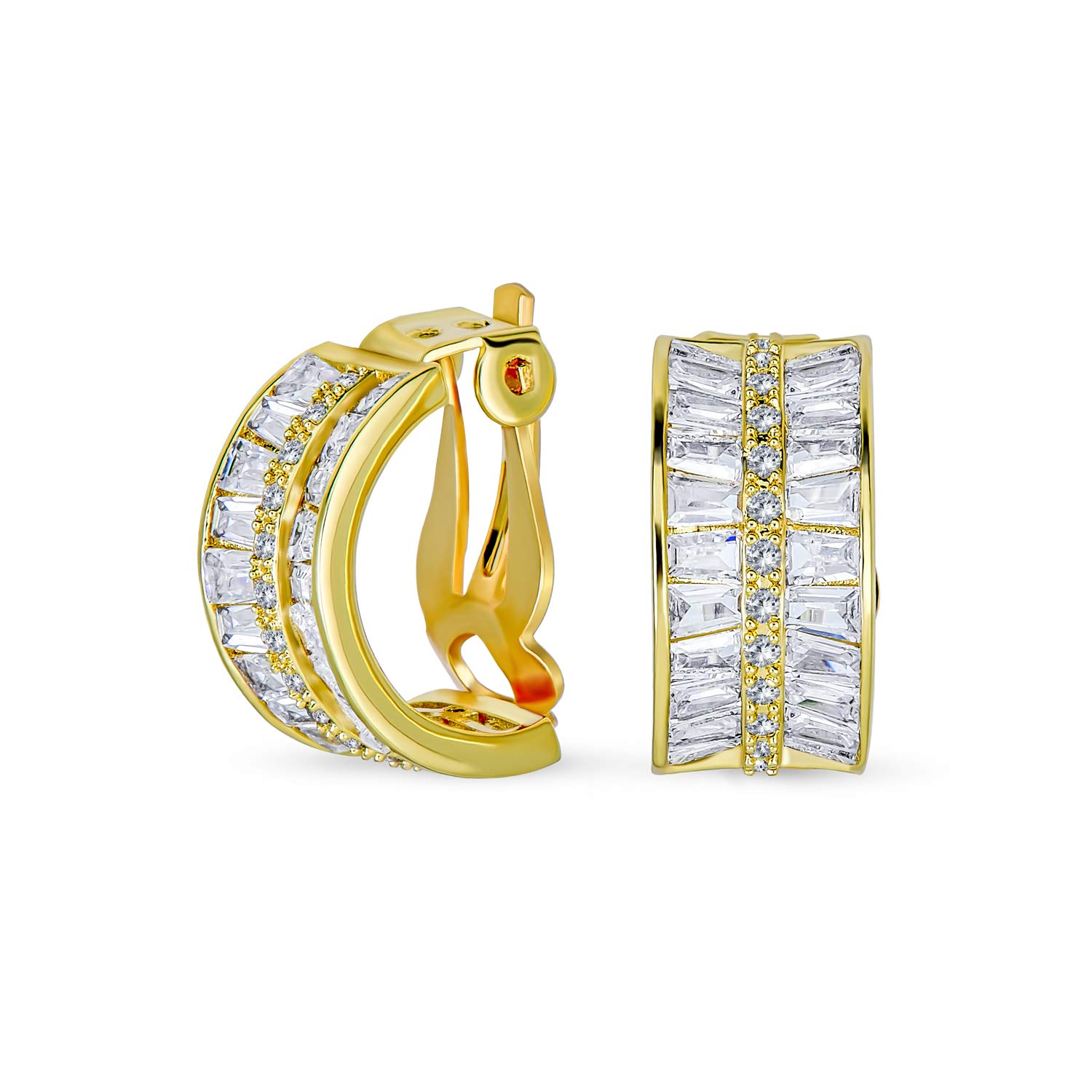 Art Deco Style Bridal Statement AAA CZ Half Hoop Baguette Earrings For Women Wedding Prom Holiday Formal Party Clip On Yellow Gold Plated