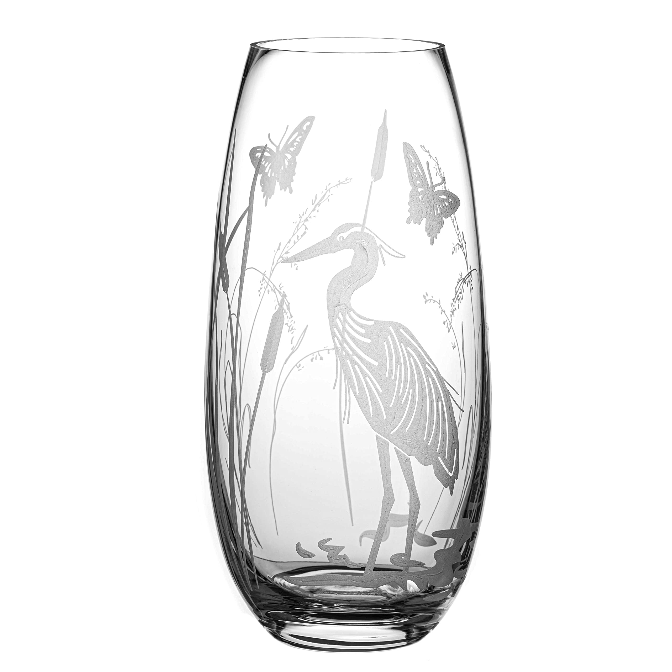 DIAMANTE Barrel Shaped Crystal Vase "Heron" - Etched Bird Botanical Wildlife Design Decoration Flower Vase - 25cm