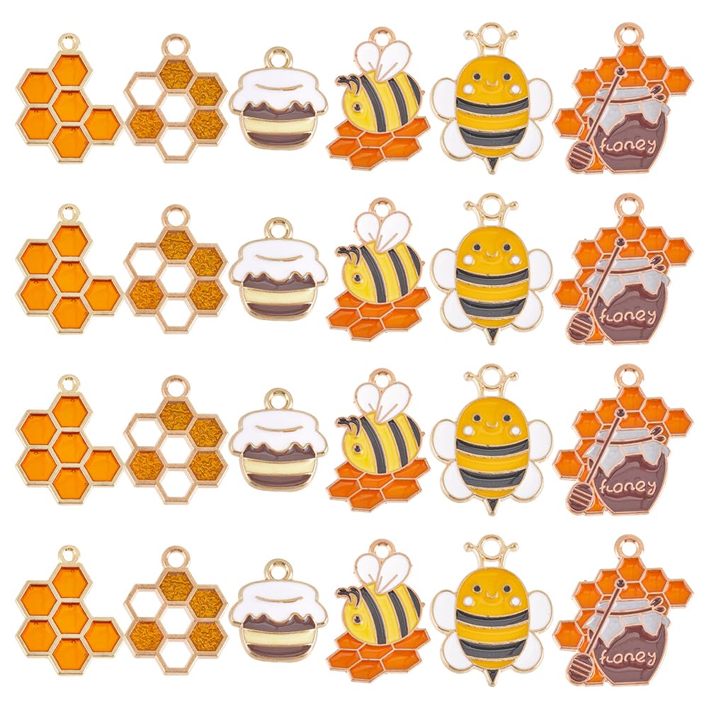 SUNNYCLUE 1 Box 48Pcs 6 Styles Gold Honeycomb Charms Bee Pendant Charms Hollow Alloy Enamel Animal Yellow Bees Insect Pendants Charm for Jewellery Making Charms Necklaces Bracelets Keychains DIY Craft
