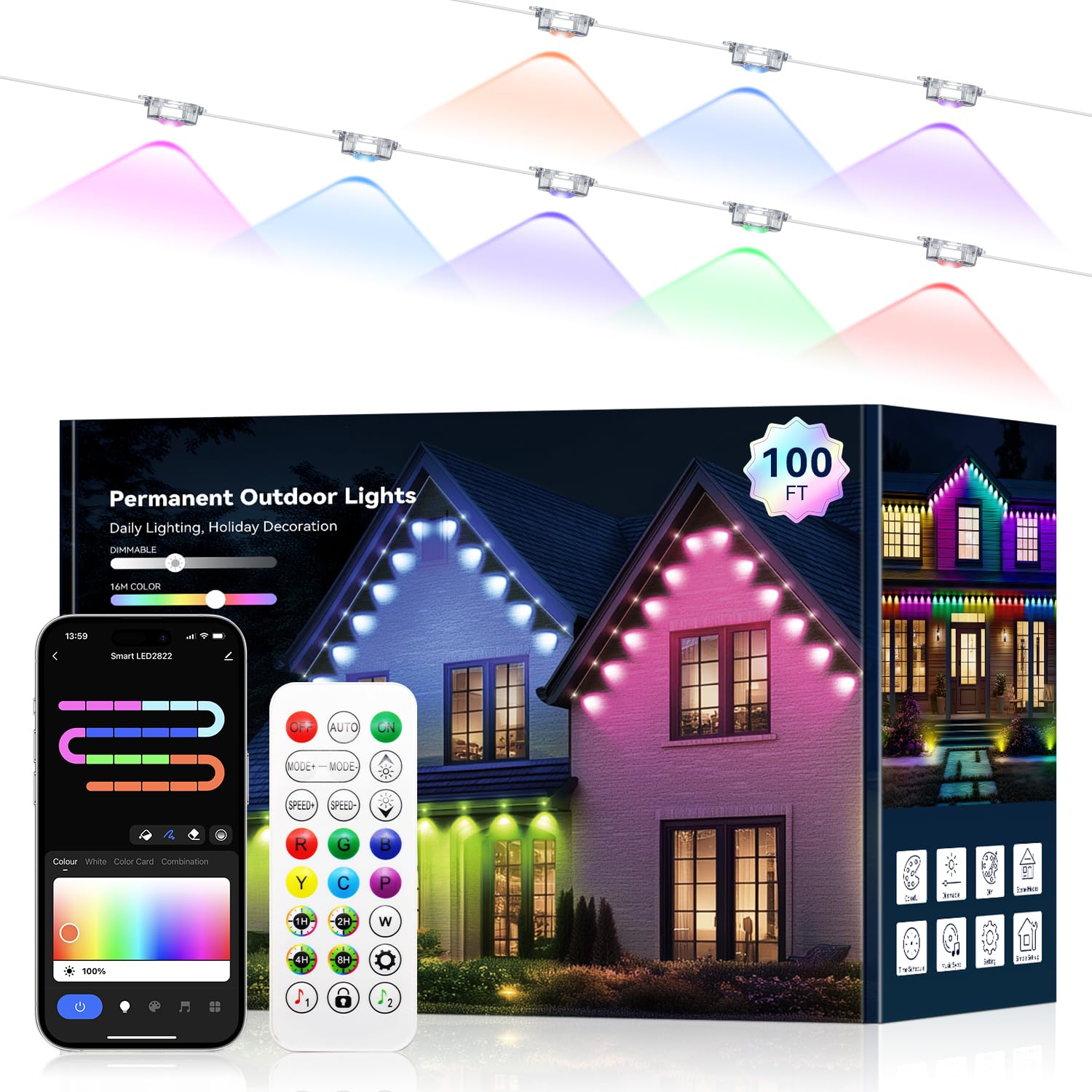 Photo 1 of lemonlovely Smart Permanent Outdoor Lights, RGB+IC Outdoor Lights for House, 100ft with 50 LED, IP67 Waterproof LED Lights for Halloween Decorations, Work with Remote, APP