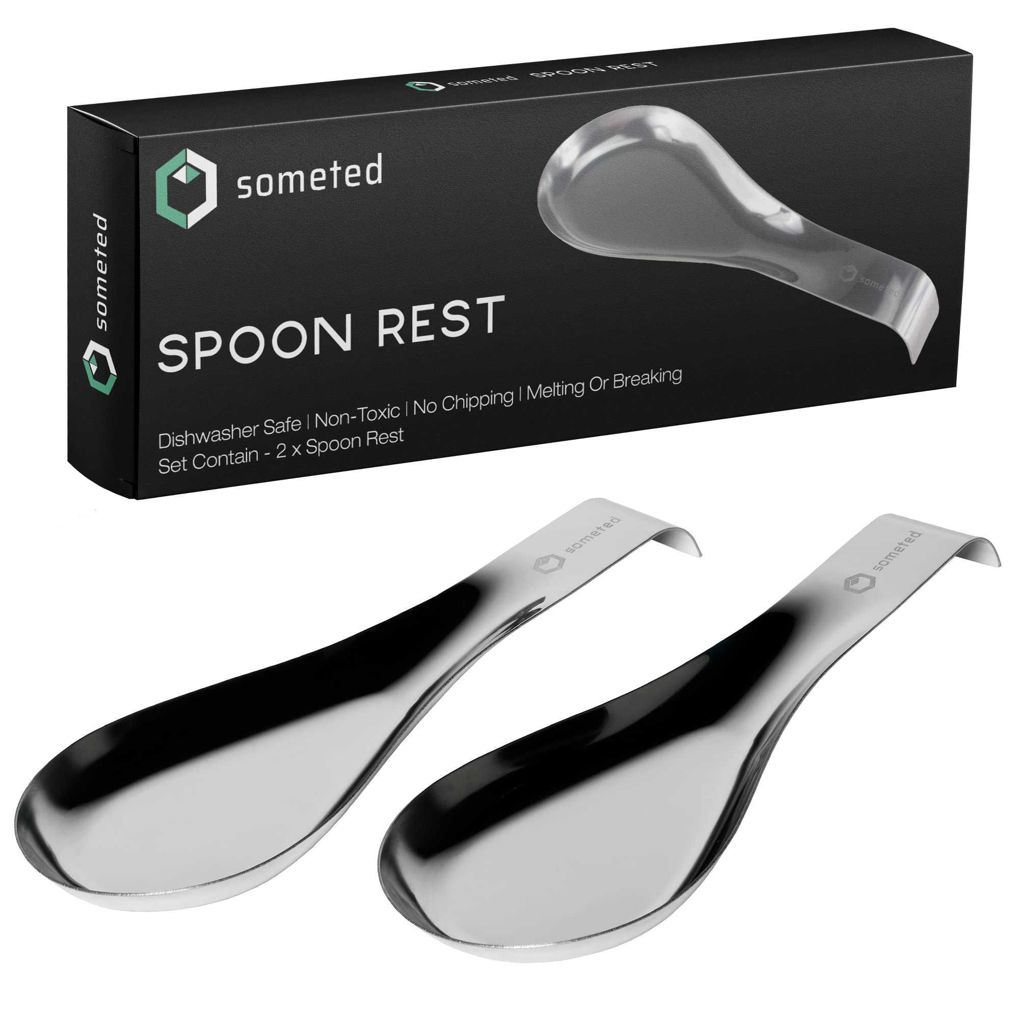 Photo 1 of Stainless Steel Spoon Rest-Spatula Ladle Holder Set of 2 Stainless Steel Utensil Spoon Rest Holder Brushed Finish Dishwasher Safe Serving Cooking Modern Stylish Silver