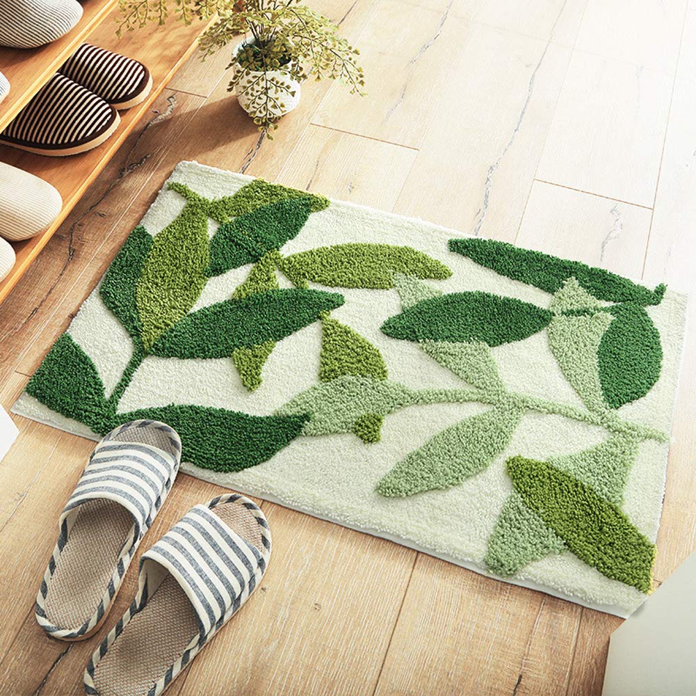 Morbuy Non-Slip Bath Mat, 45 x 65 cm Green Leaf Bathroom Floor Mat Super Soft and Water Absorbent, Machine Washable Microfiber Bathroom Rug for Shower, Bedroom, Kitchen, Doorway