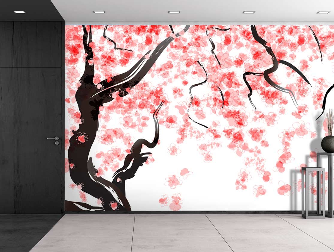 Large Wall Mural Japanese Cherry Tree Blossom in Watercolor Painting
