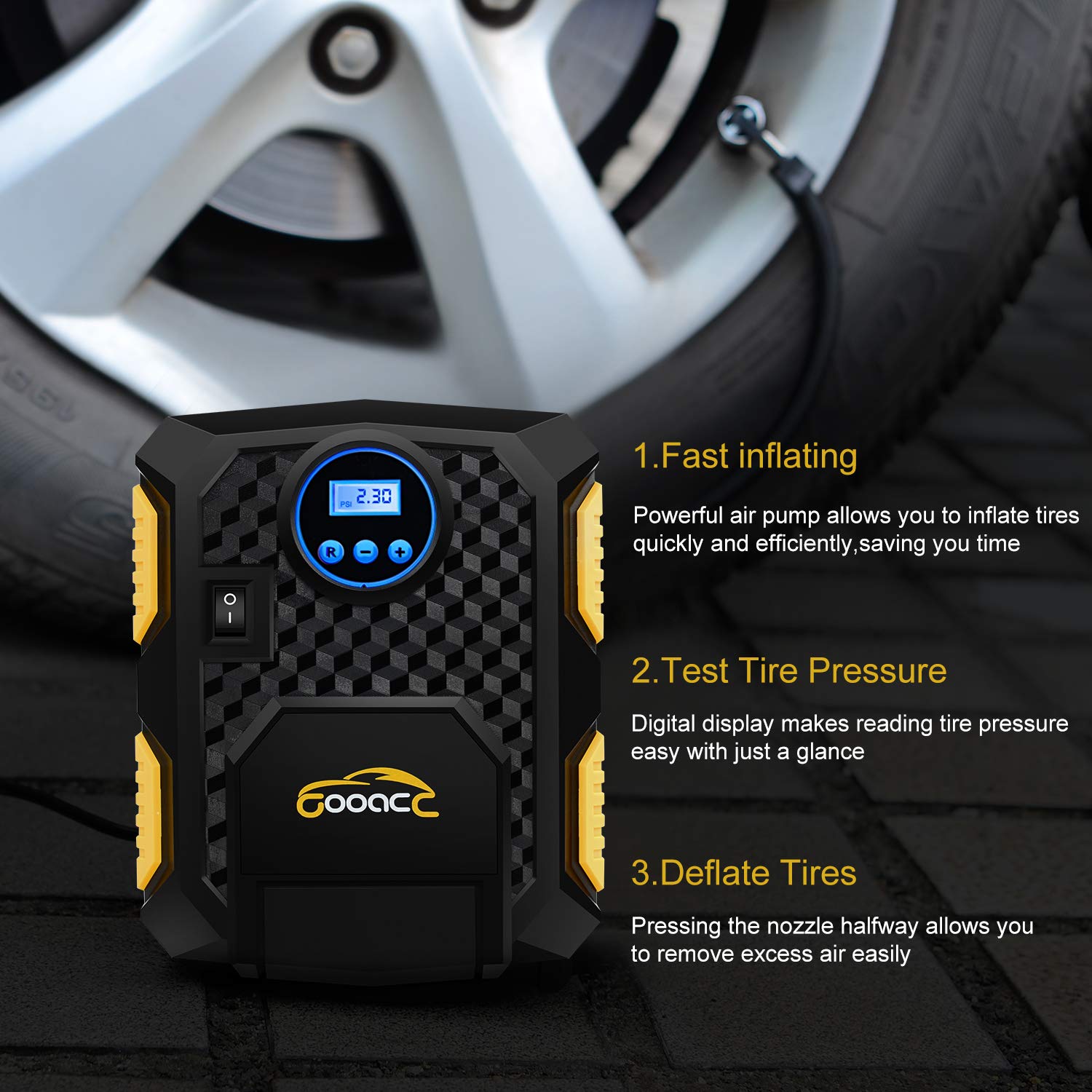 GOOACC 030102 12V DC 150Psi Portable Electric Auto Air Compressor Pump and Car Tire Inflator Pre-set Pressure Auto Shut Off