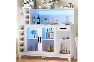 LINSY HOME 47" Bar Cabinets for Home, Wine Cabinet with Storage, LED Lights and Wine Holder, Liquor Cabinet Bar for Home Kitchen Dining Room, Bars & Wine Cabinets, White
